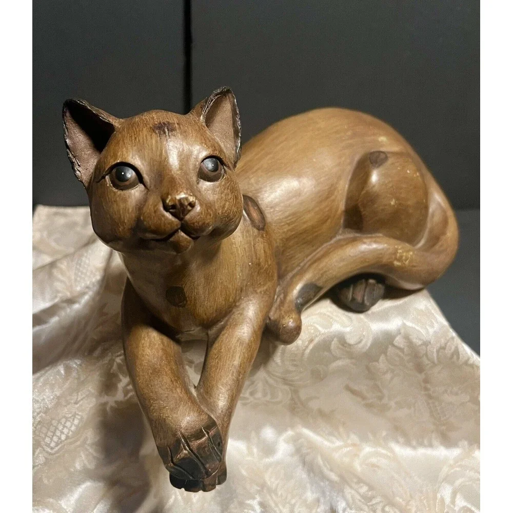 Vintage MCM Rustic Faux Wood Wooden Siamese Handcarved Cat 11